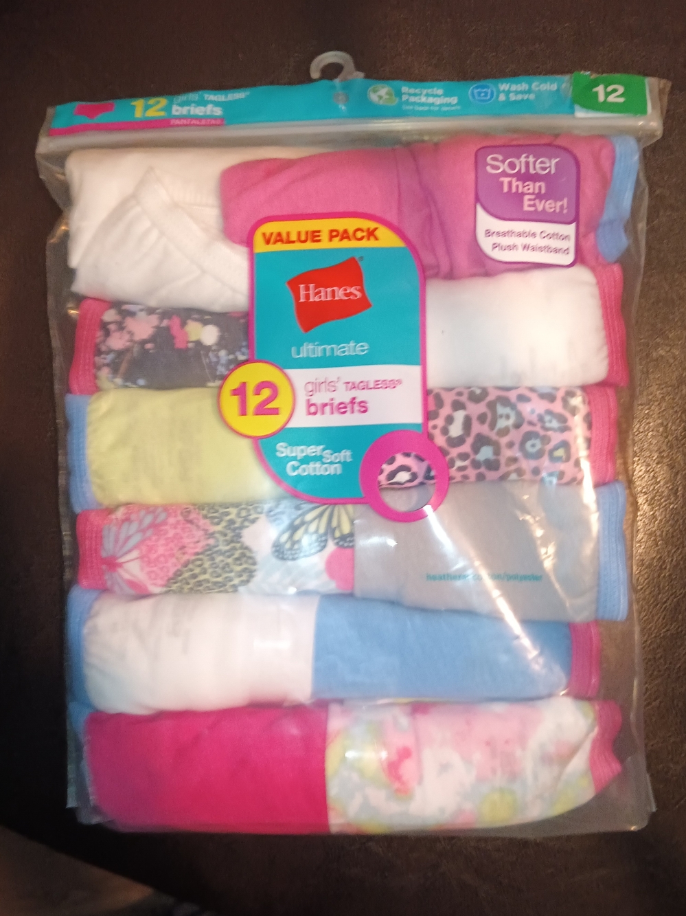 Hanes Girls' 12-Pack Ultimate Super Soft Cotton Briefs - Pink & Blue